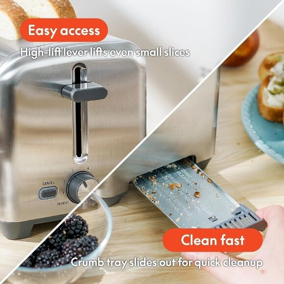 BELLA 2 Slice Stainless Steel and Toaster, Quick & Even Results Wide Slots - Picture 4 of 8